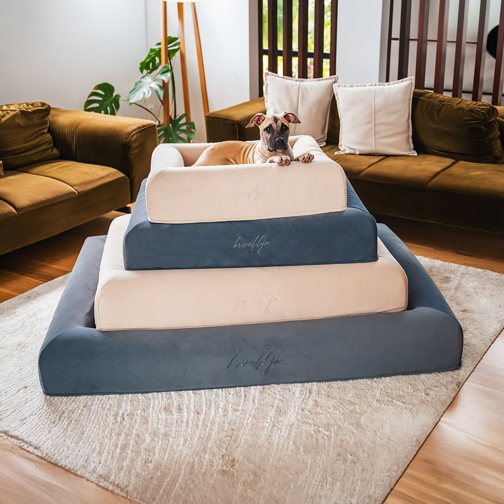 Ortho Pro dog beds in Sand and Chalk Grey stacked by size, with a puppy in the smallest bed on top