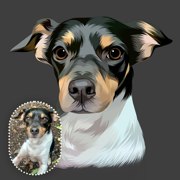 Hand-drawn pet portrait next to the original photo