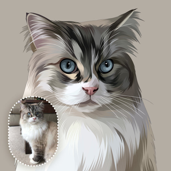 Hand-drawn pet portrait next to the original photo